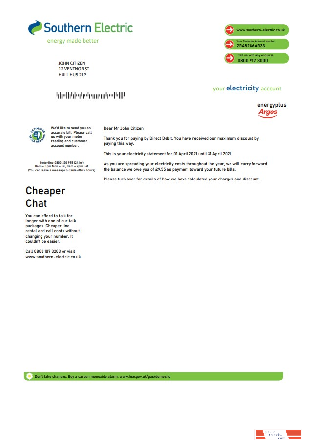 United Kingdom Southern Electric proof of address utility bill template in Word and PDF format
